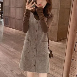 Autumn Winter Half High Collar Bottoming Long Sleeve T-shirt Buttons Vintage Plaid Vest Dress Set Women Solid Tee Tank Robe Suit