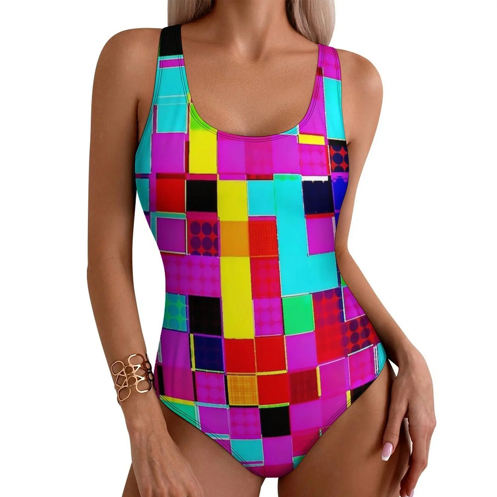 Geometric Pixel Square Abstract Pink Print Swimsuit Swimwear One Piece Design Bodysuit Cut Out Monokini Women Push Up Beachwear