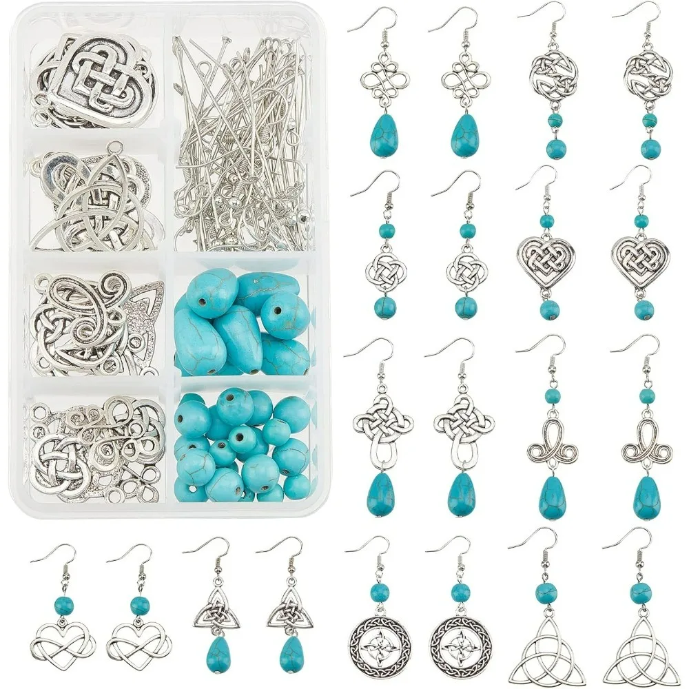 1 Box DIY Make 10 Pairs Trinity Knot Earring Making Starter Kit Tibetan Style Celtic Knot Links Charms Heart Pendant Turquoise