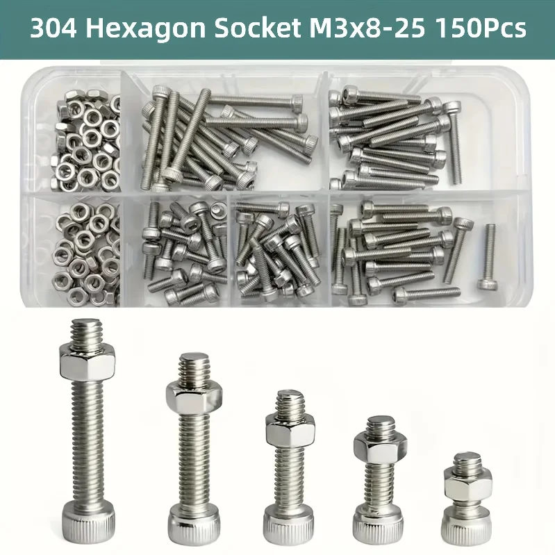 XLGYLPRO 150 pcs/box Hex Socket Head 304 Stainless Steel M3 Screw and Nut Set Hex Socket Screws, Bolts, and Nuts