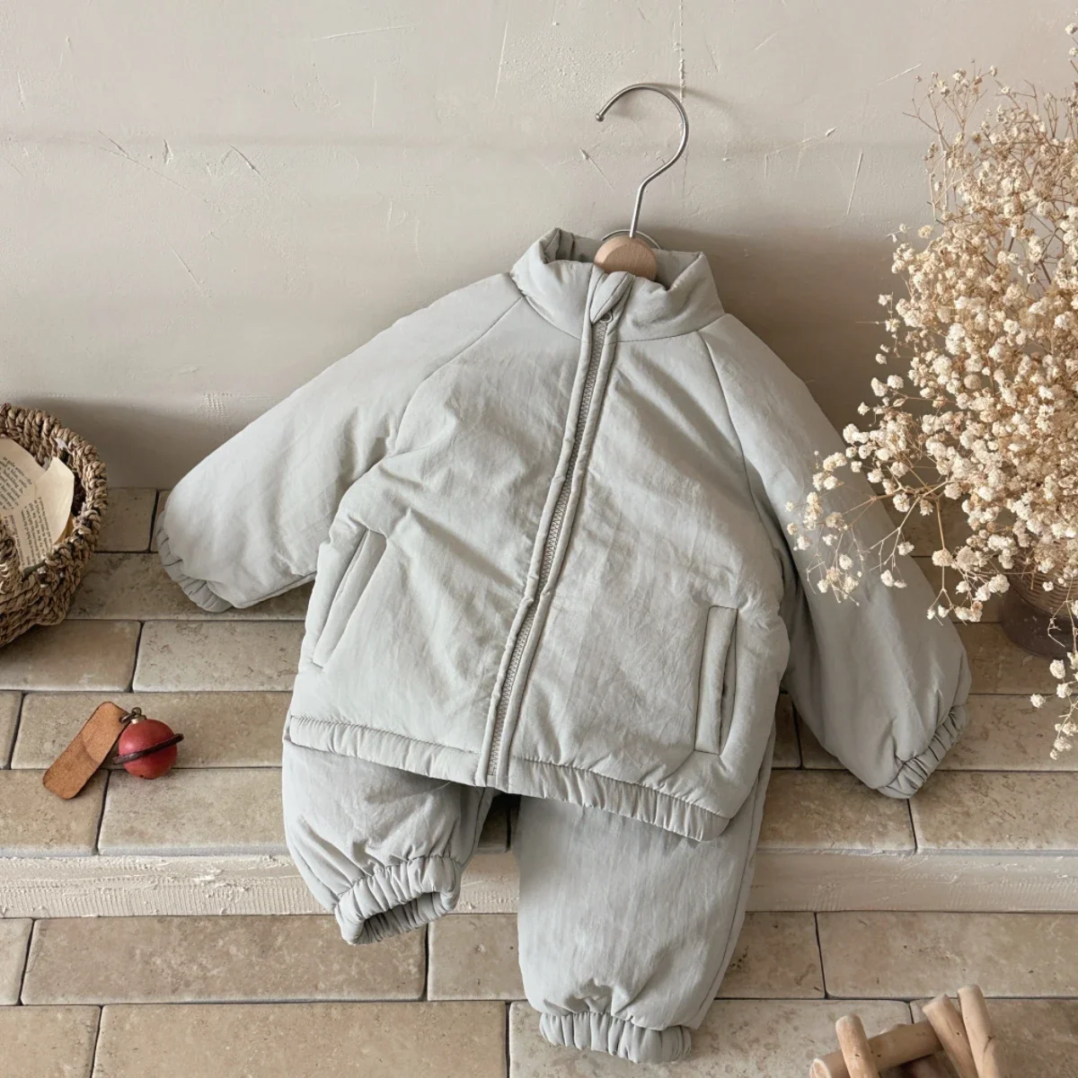 Kids Casual Winter Warm 2Pcs Set Oversized Padded Jacket and Jogger Pants Neutral Daily Outfit 1-3 Years Old
