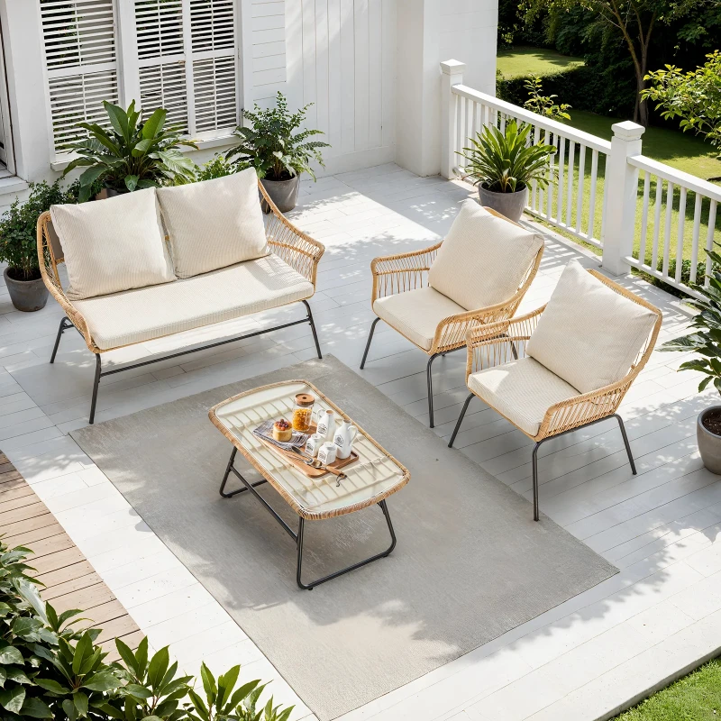 Wicker Loveseat Sets, & End Table, 2 Outdoor Rattan Chairs with Glass Top Table Boho Patio Furniture Set for Garde
