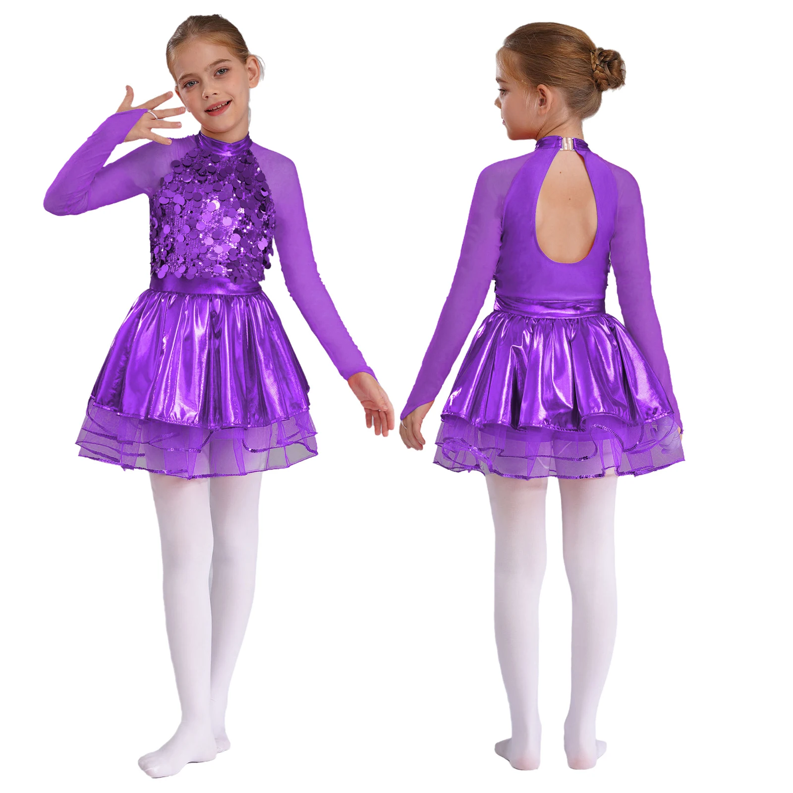 Girls Sequin Ballet Dance Tutu Leotard Dress Long Sleeve Layered Tulle Dress Figure Skating Dancewear for Party Princess Costume