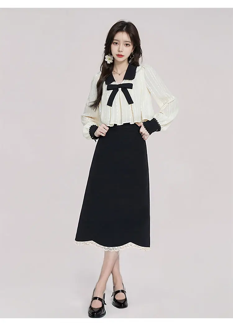 Korean Girl Group Two Piece Turndown Collar Bow Long Sleeve Shirt+High Waist A-Line Lace Edge Skirt Sweet Elegant Lady Clothing