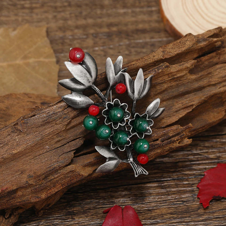 Morkopela Red Stone Trees Brooch Natural Stone Pin Vintage Bouquet Clothes Clip Brooches And Pins For Women