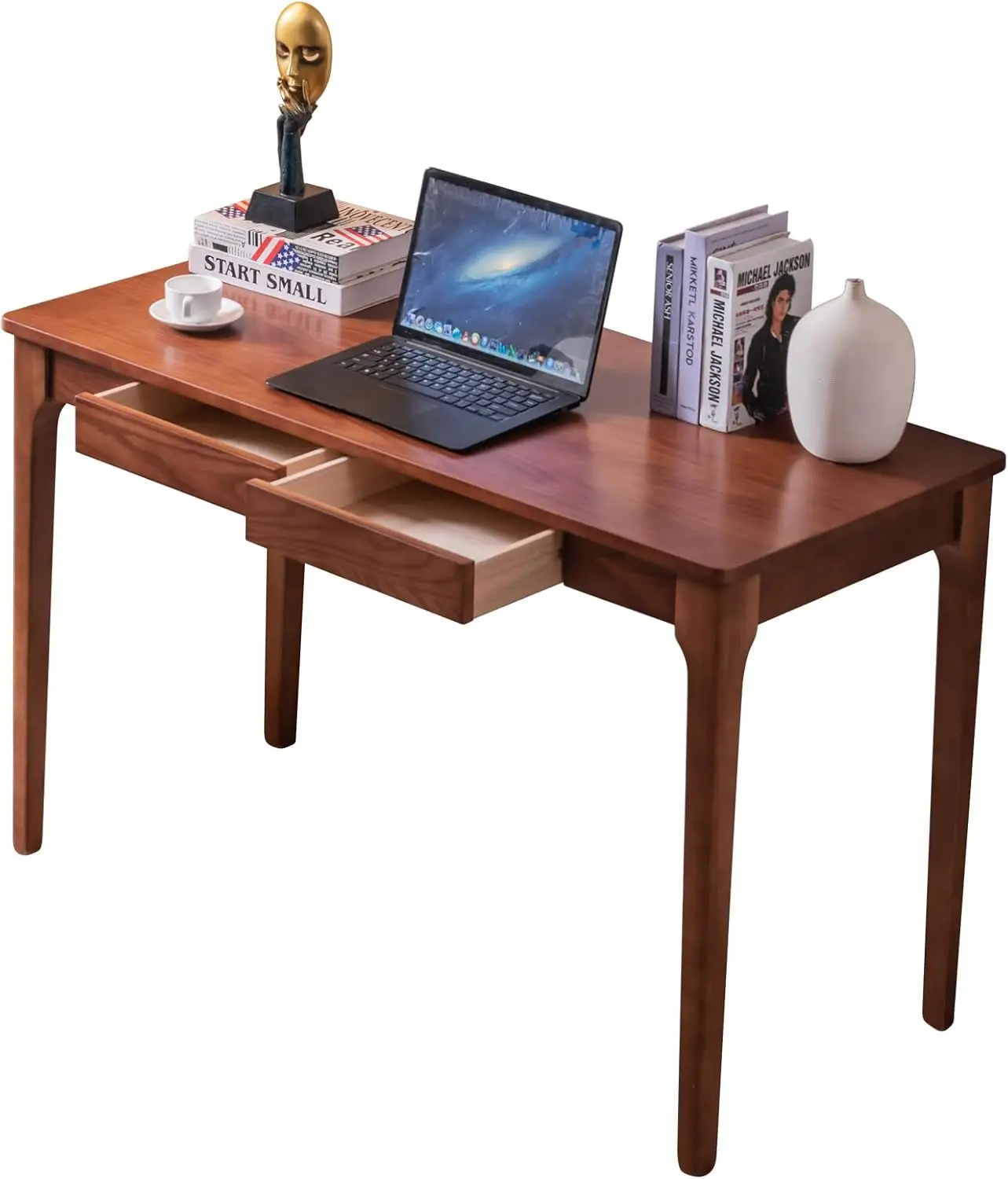 Cherry Color 47.2 Inch Solid Wood Computer Desk with Drawers, Easy-to-Assemble Compact Workstation for Small Spaces, Gaming Study Home Office Desk for Bedroom Student Use