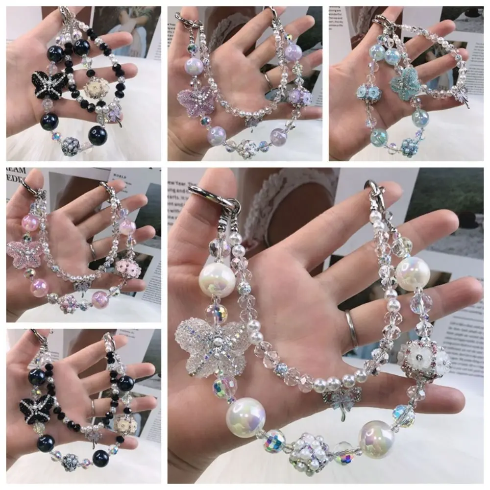 Glitter Rhinestone Phone Chain Pearl Granulated Sugar Bowknot Bag Pendant Luxury Car Key Decor Beaded Cell Phone Lanyard