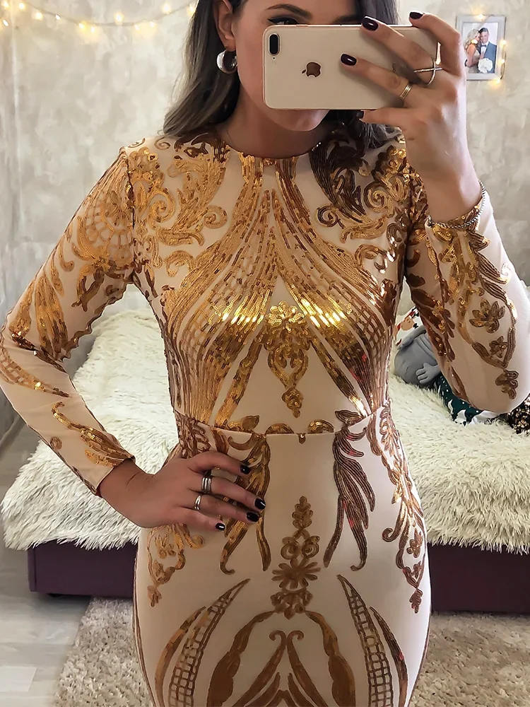 O Pescoço Manga Longa Vestido de Festa de Noite Stretch Lantejoulas Até o Chão Forro Completo Formal Prom Vestido de Casamento Ouro Vinho Verde 2024