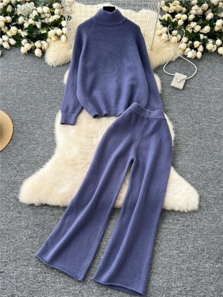 Autumn Solid Knitting Two Pieces Suits Loose Warm Zipper Stand Collar Sweater + Wide Leg Pants Streetwear Casual Knitted Sets