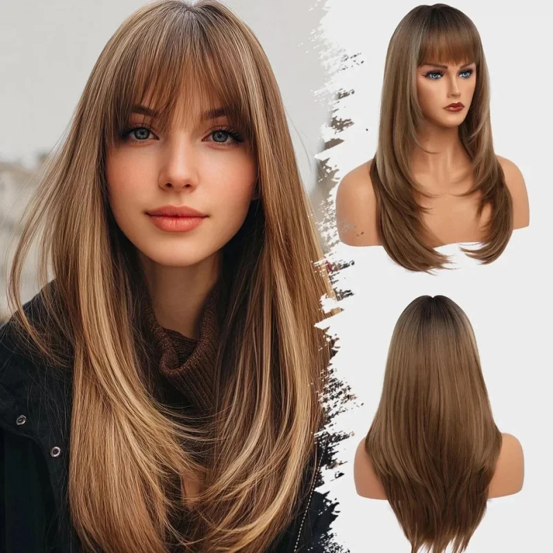 

Real Human Hair New Fashion Women's Long Natural Light Brown Full Wigs 24 In
