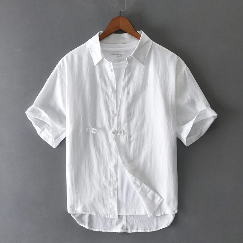 

White Oversize Short Sleeve Shirts for Men Summer New Fashion Tops Male Casual Linen Shirt 4XL