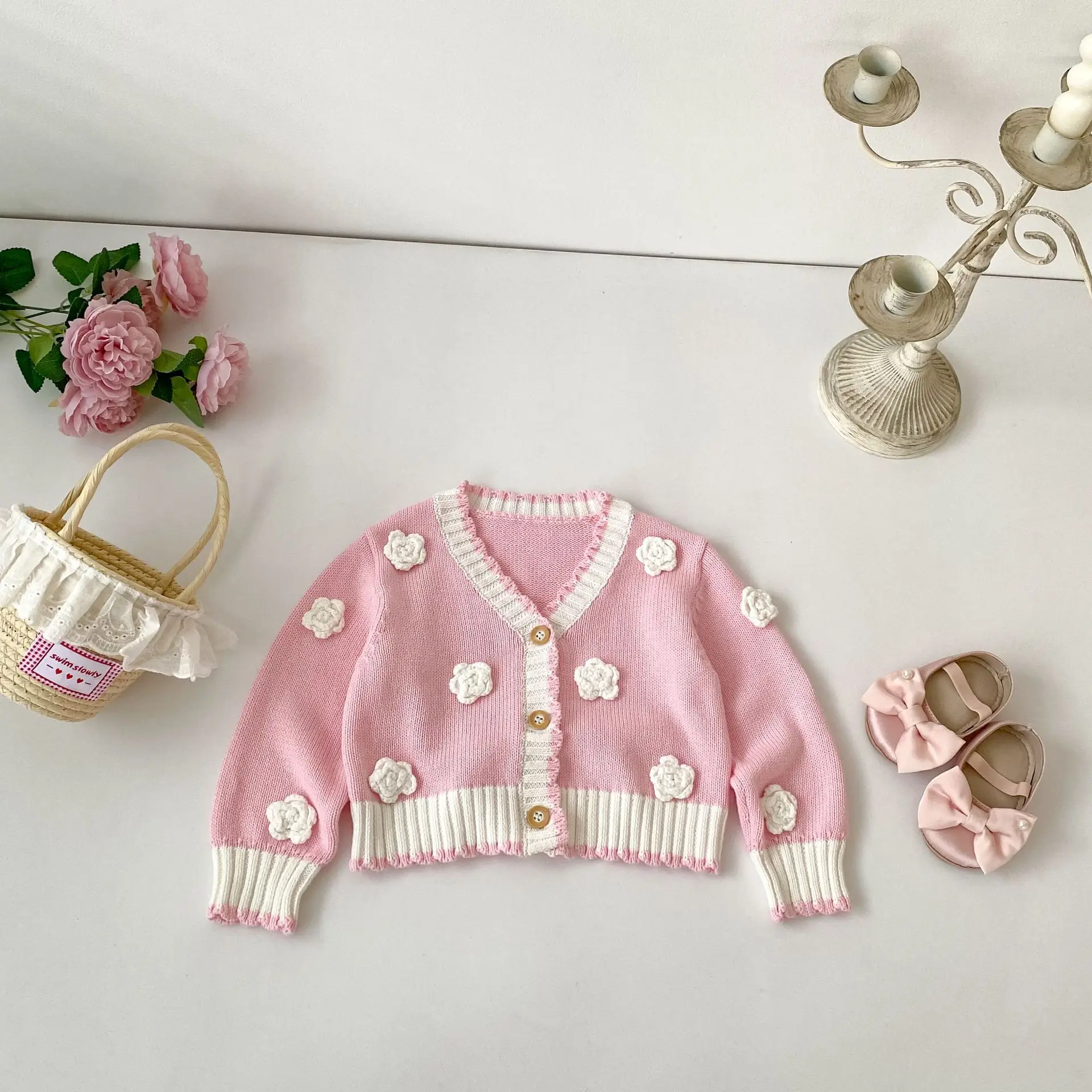 0-4T Baby Girls Flower Knit Sweater Cardigan V Neck Long Sleeve Knitwear Elegant Cute Sweet Clothes Toddler Kids Outerwear Coat