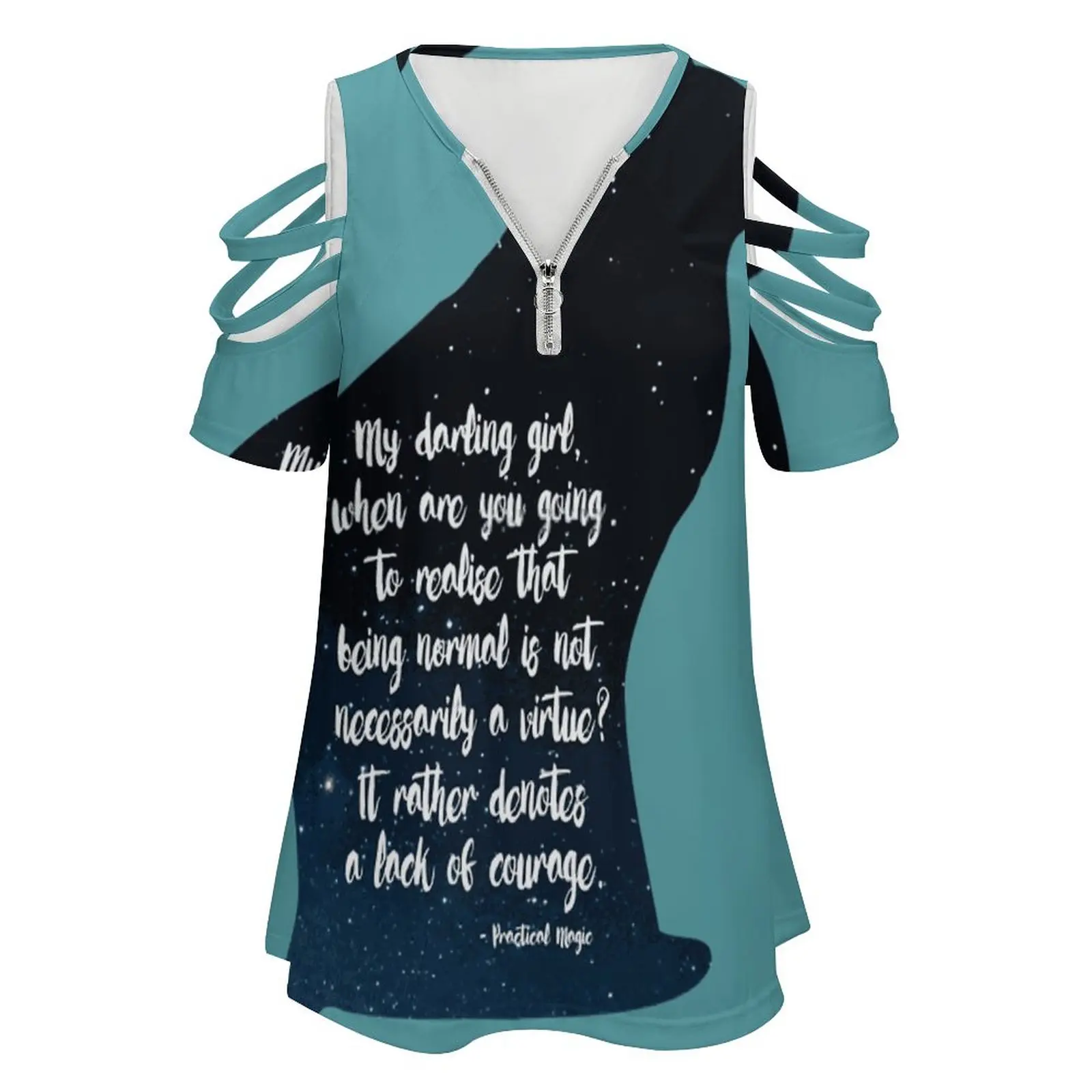 My Darling Girl New Fashion Zip Off Shoulder Top Short-Sleeve Women Shirt Practical Magic Quote Kitten Cat Stars Film Aunt Jet