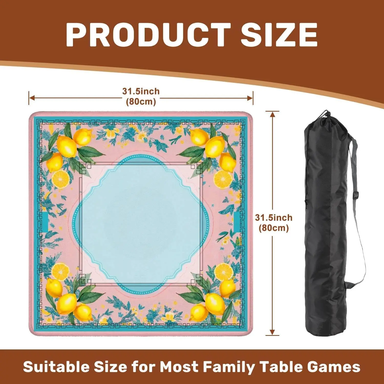 Neoprene 3mm Mahjong Mat Luxury 31.5 Inch Lemon Floral Frame Turquoise Pink Non Slip Noise Reduction for Mahjong Poker