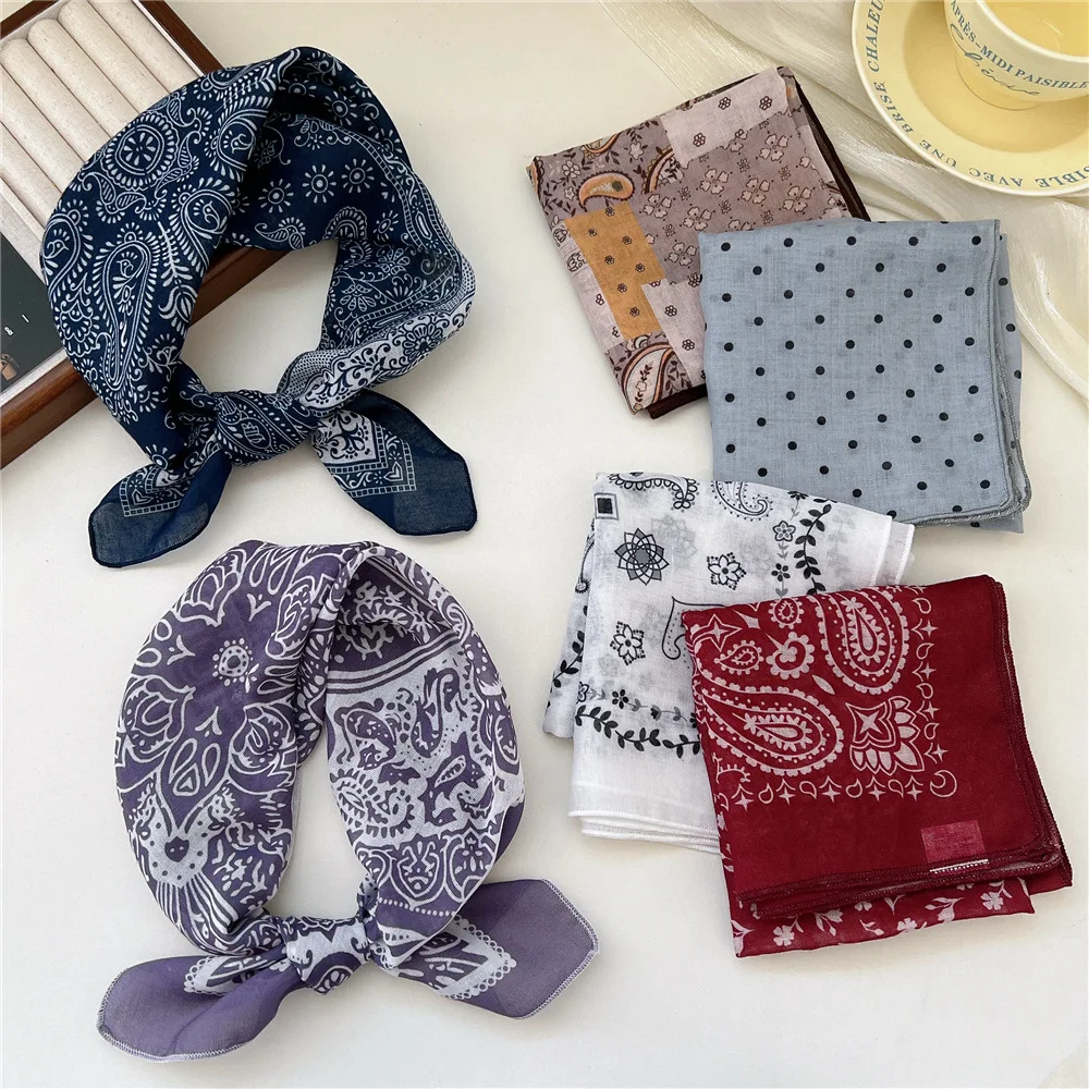 Small Linen-cotton Scarves For Women 58*58cm Lightweight Soft Breathable Neckerchief Boho Print Dot Paisley Bandana Hair Scarf