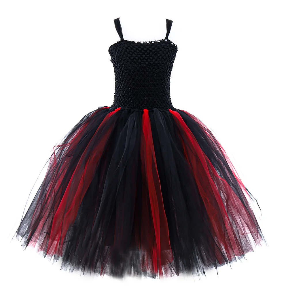 Halloween Festival Party Dress for Girls Witch Cosplay Costume Evil Witch Mesh Black red Lace TuTu Puffy Sleeves Sling Dress Set