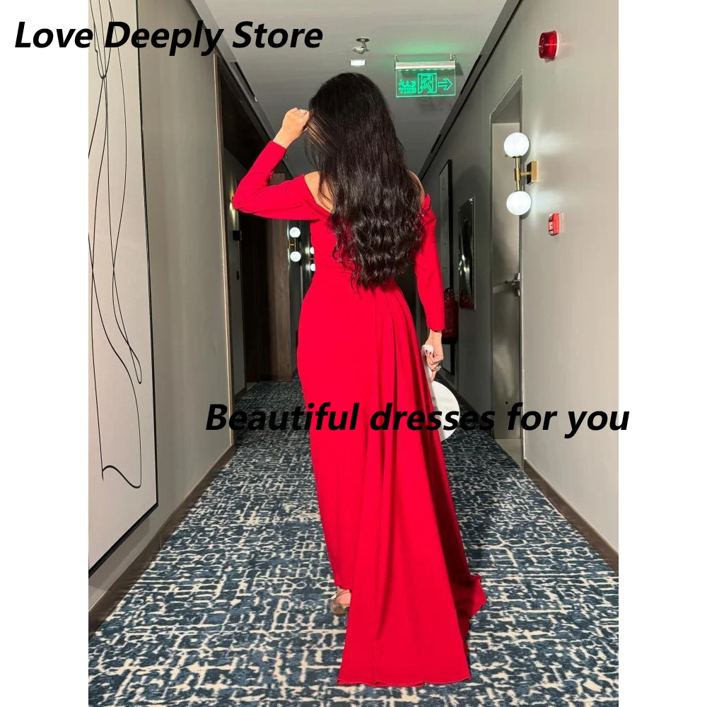 Off Shoulder Red Prom Dress Customized Boat Neck Long Sleeves Mermaid Formal Party Gown Custom Size Evening Dresses