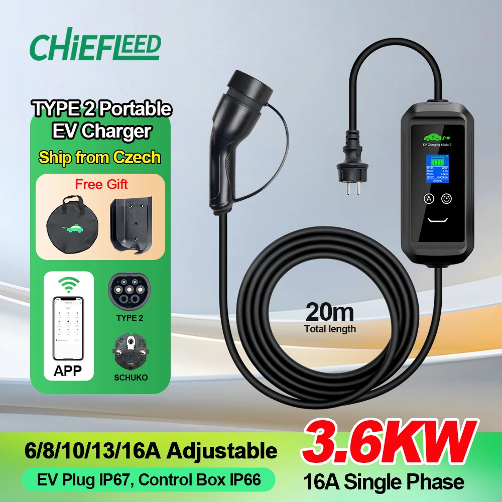Caricatore EV Portatile Chiefleed 16A 3.6KW Tipo 2 con Ritardo Temporizzato 1-15 Ore, Controllo WiFi Tramite App Tuya, Impostazione Tempo di Ricarica per Auto Elettriche, Cavo da 20M, Spina Schuko per