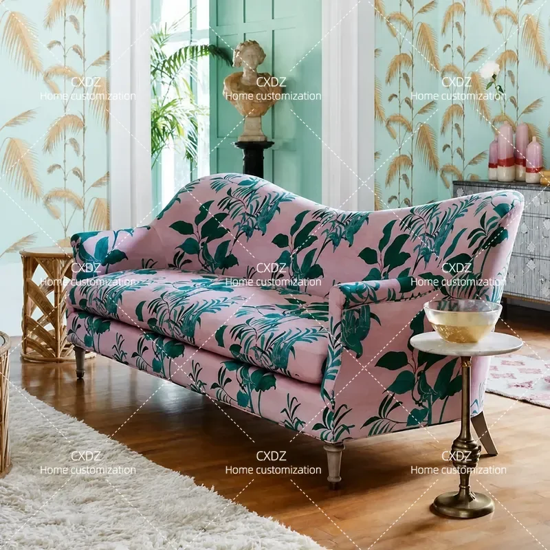 Medieval Oil Painting Style Fabric Sofa Retro Living Room Printed Three Seater Pastoral Sense Couch