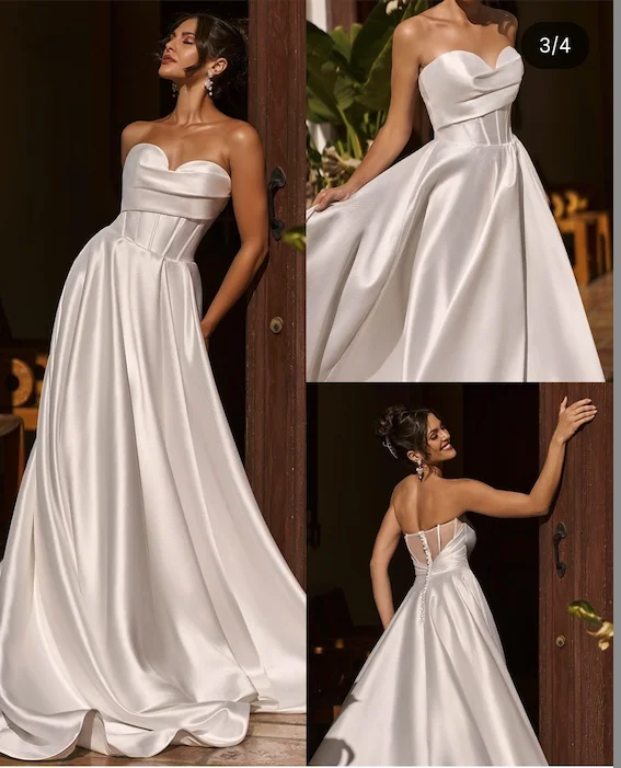 ウェディングドレス 2025 オーダーメイド Aライン フロア丈 サテン ブライダルガウン プリーツ ゴージャスなウェディングドレス ボタンバック