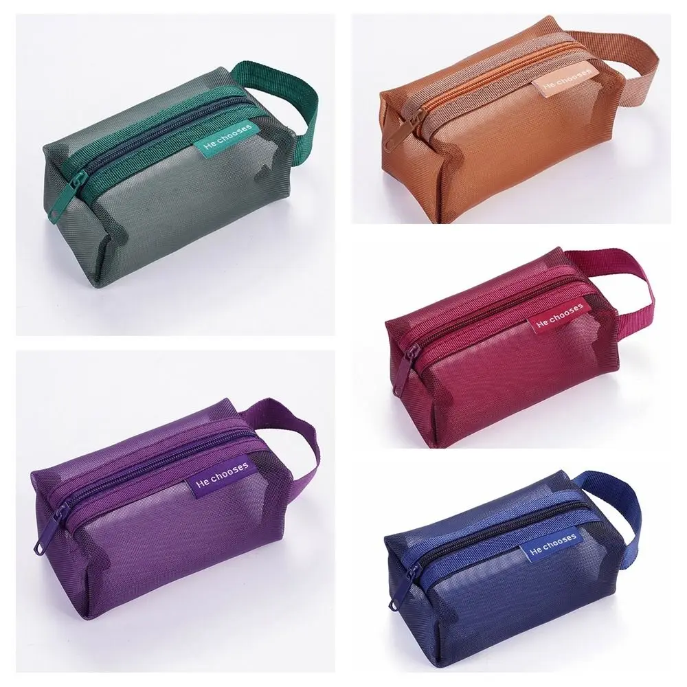 Retro Color Mesh Cosmetic Bag with Handle Transparent Make Up Bag Travel Toiletry Storage Bag Simple Portable Wash Bag