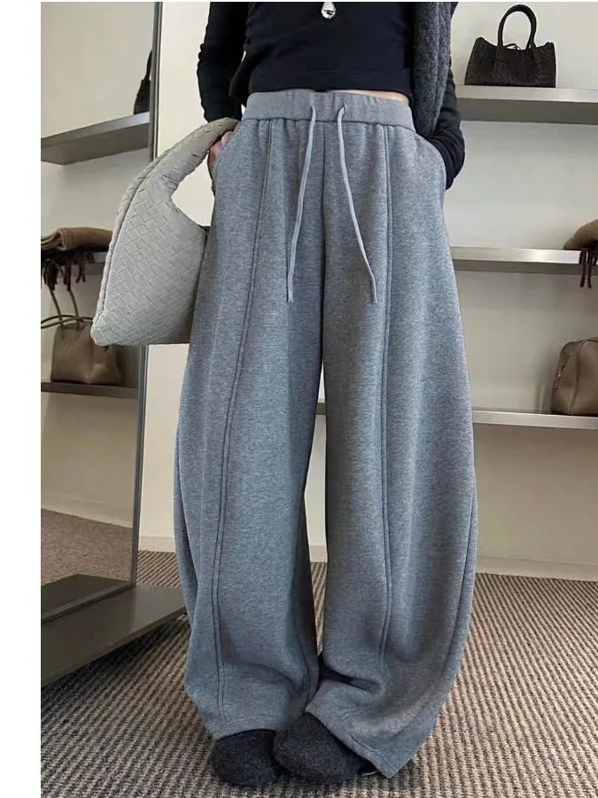 

Корейские утепленные широкие брюки на флисовой подкладке для женщин, повседневные свободные брюки, модные свободные повседневные спортивные штаны, длинные брюки