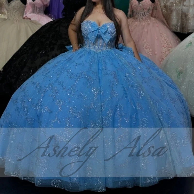 Customized Blue 15th Girl Quinceanera Dresses Beads Bow Sheer Ball Gown Birthday Party Prom Dress Women Vestidos 15 De XV Años