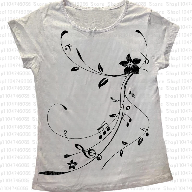 빈티지 Y2k 스타일 꽃 옷 하라주쿠 노트 인쇄 패션 여성 탑 반팔 캐주얼 티셔츠 탑 스트리트 자기 재배