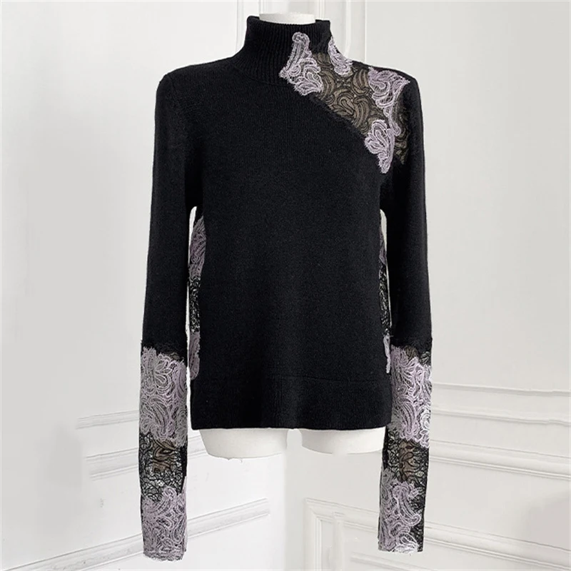 

Women's sweater New elastic knitted slim fit long sleeved top for spring 2026 Wool blend pullover Lace patchwork women's tops