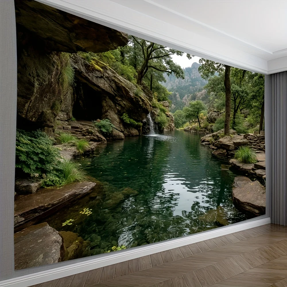 Cave Stream Tapestry, Hidden Waterfall in Rocky Gorge with Clear Water, Nature Scenery Wall Art for Living Room Bedroom Decor