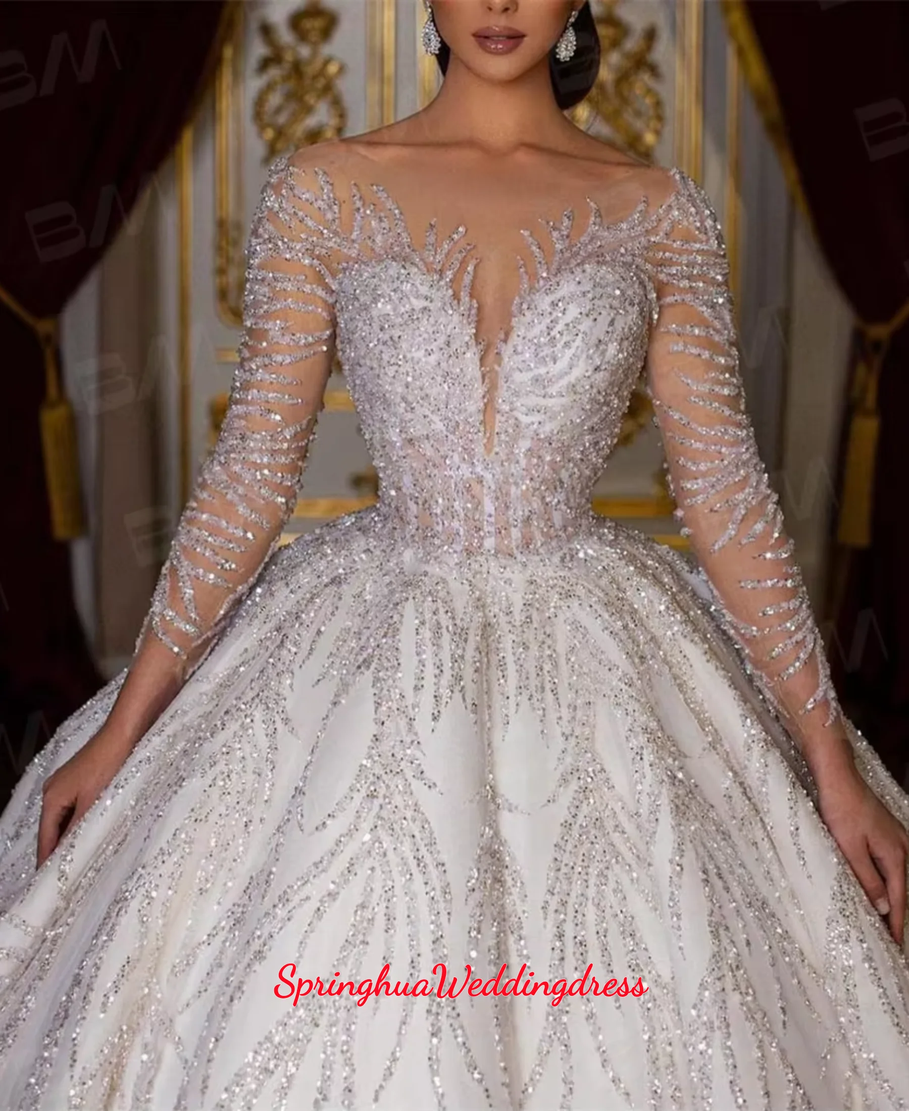 Customized Luxury Princess Wedding Dress Crystals Beaded Bridal Dress Illusion Tulle Long Sleeves Sparkly Vestidos De Novia