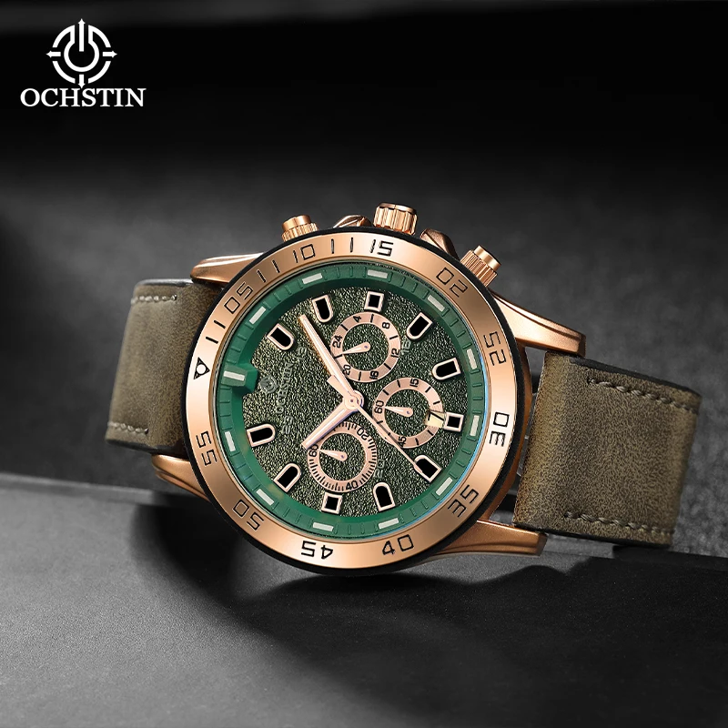 OCHSTIN Men’s Quartz Wristwatch Pilot Collection Genuine Leather Strap Mineral Hardened Glass Water Resistant Male Watch