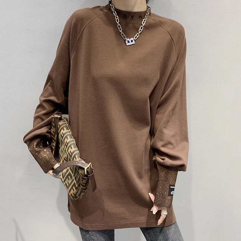 

NYFS Europe and America Loose Woman Tops Cotton Diamonds Fat MM Turtleneck Half turtleneck Long Sleeve T-Shirt