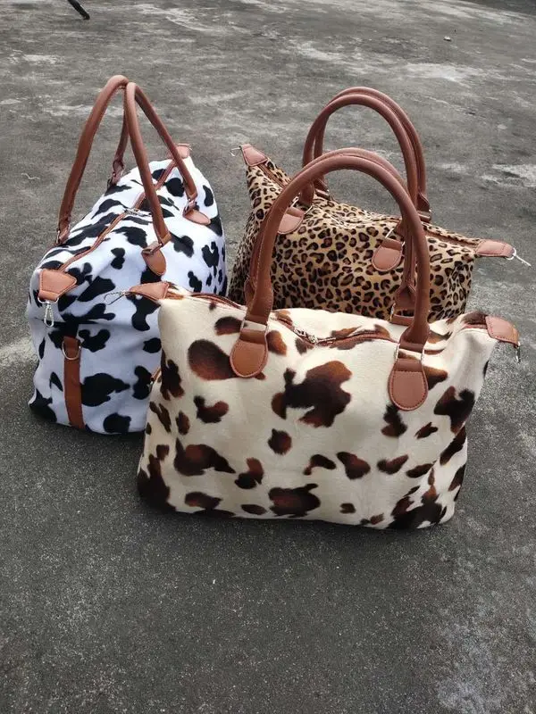 Wochenend reisetasche Plüsch Kuh Leopard Muster Reisetasche Kurzstrecken Reisetasche Pelz Handtasche VIP-Tasche