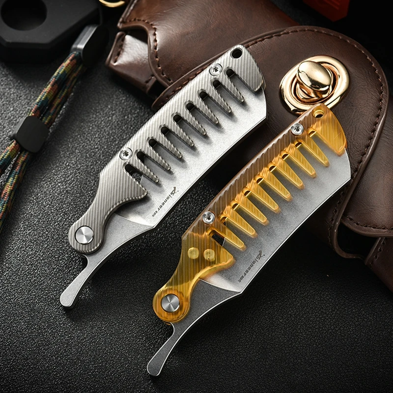 EDC Titanium Alloy PEI Retro Folding Men Beard Comb Knife 2 Usages Hairdressing Styling Comb Knife Tools