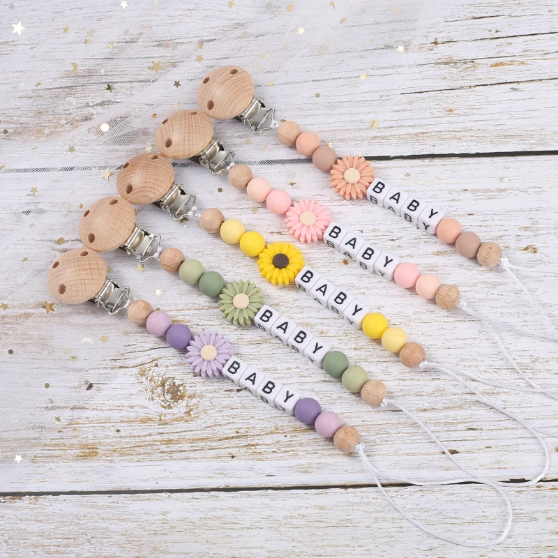 Personalized Name Baby Wooden Pacifier Clips Handmade Silicone Daisy Baby Nipple Chain For Nursing Teether Chew Toys Gifts