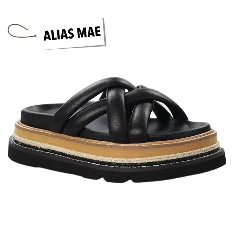 ALIAS MAE high-quality genuine leather cross woven strap with round head thick sole Women exquisite comfortable Slippers