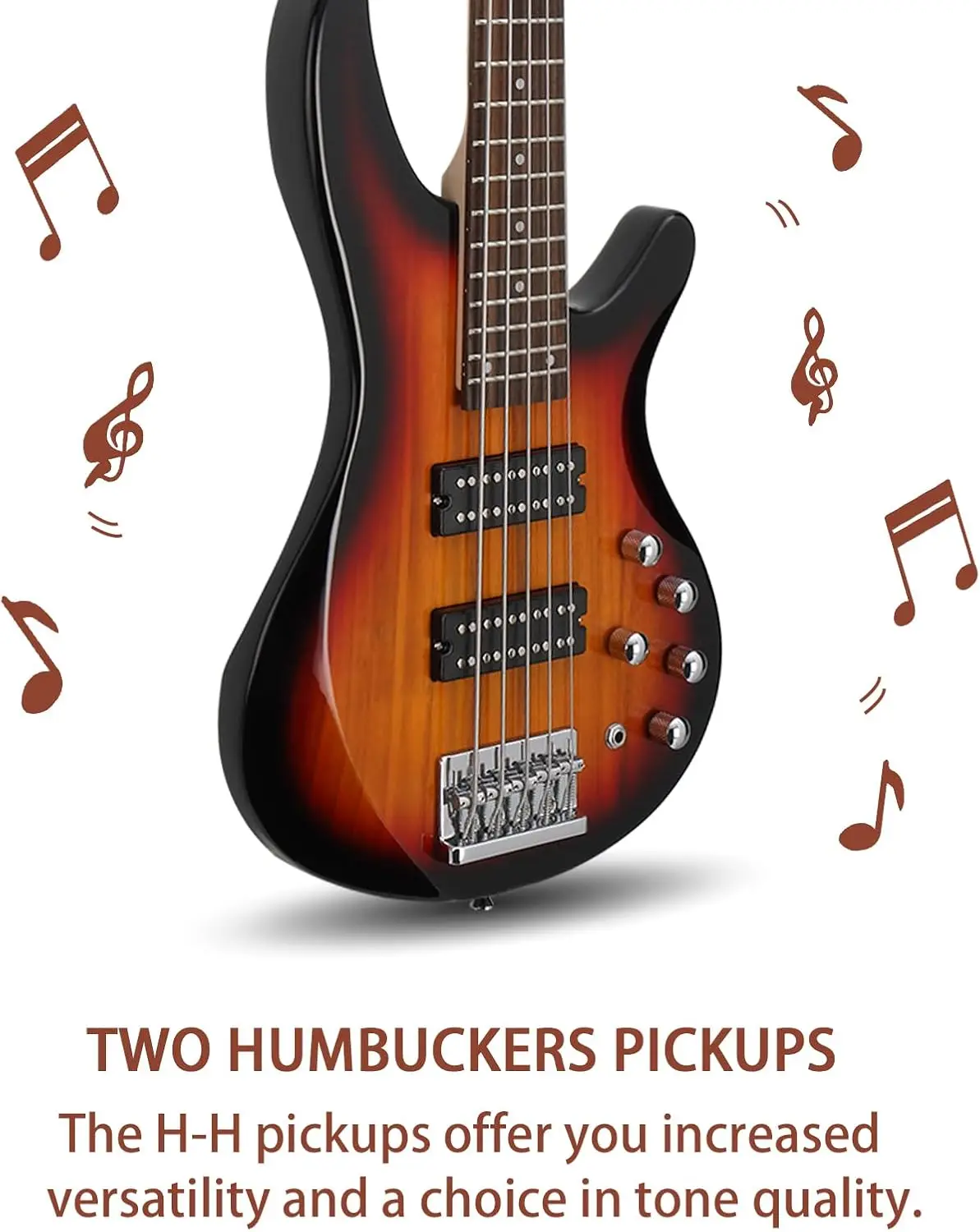 5-String Electric Bass Guitar, Full Size Standard Right-Handed, Rosewood Fretboard Bass Kit with Gig Bag, Strap, Cable, and Wrench Tool (Upgraded Sunset) view 4