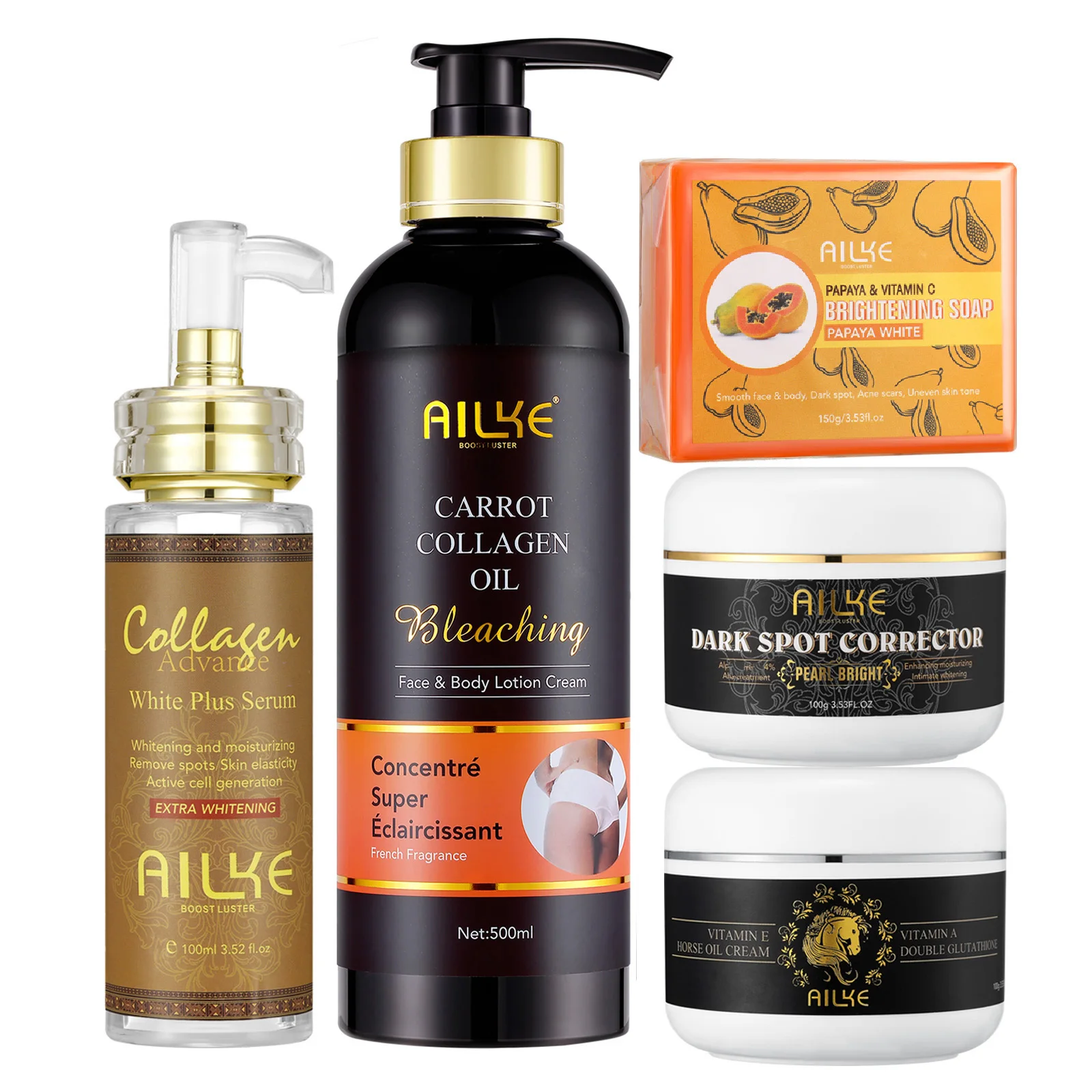 AILKE Kit de soins de la peau au collagène, réduit les taches, blanchissant, même le teint, pour la peau foncée, la peau noire, la peau africaine, la peau caramel