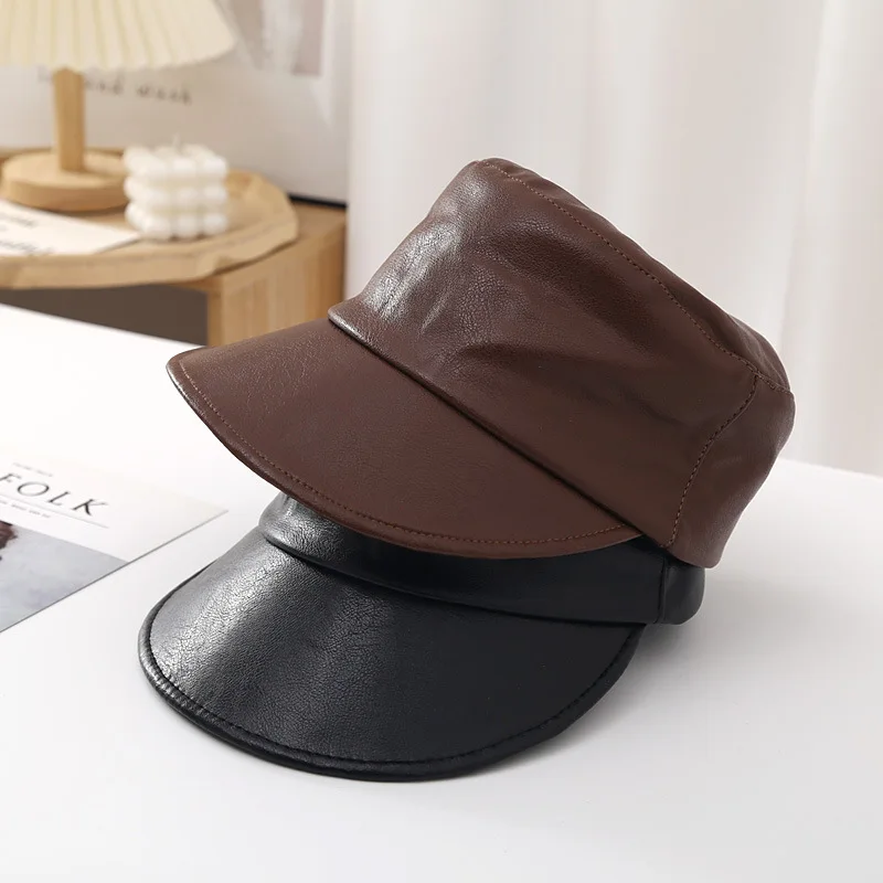 

New PU leather equestrian hat knight hat retro street sun protection fashion hat casual cap small fragrant newspaper boy hat man