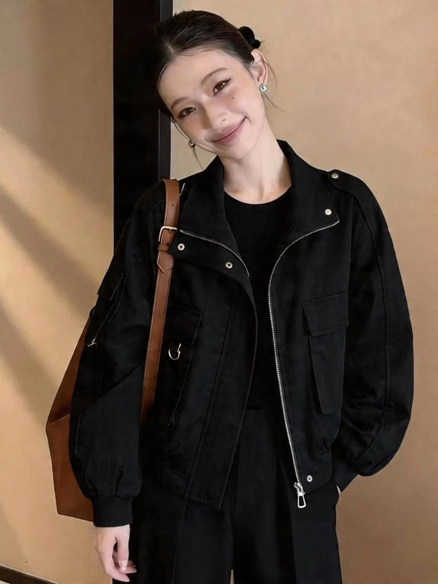 

Autumn Loose Leisure Vintage Brown Stand Collar Workwear Short Jacket Women's Lazy Casual Outerwear Comfortable Commute Style