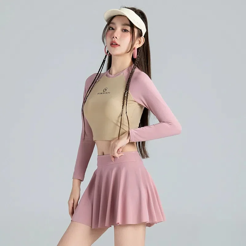 

Рашгард с длинным рукавом, женский розовый купальник из двух предметов, спортивная юбка-боксер, купальники, корейская пляжная одежда, купальные костюмы, комплекты танкини