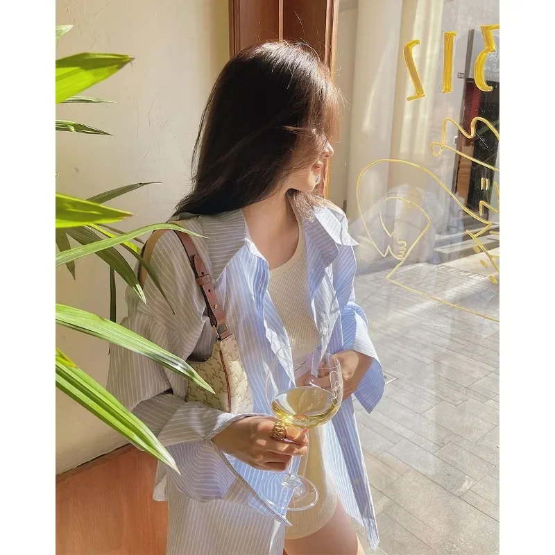 Korean Off Shoulder Long Sleeve Elegant Striped Shirts Women Camisas Y2k Mid Length Chic Loose Chemise Femme Streetwear