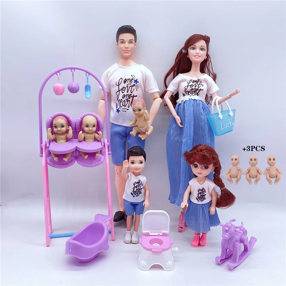 A Family Of 5 Cute Doll House Stroller Swing Slide Accessories Dad Mom Pregnant Dolls With Baby Doll Birthday Gift Kid Toys