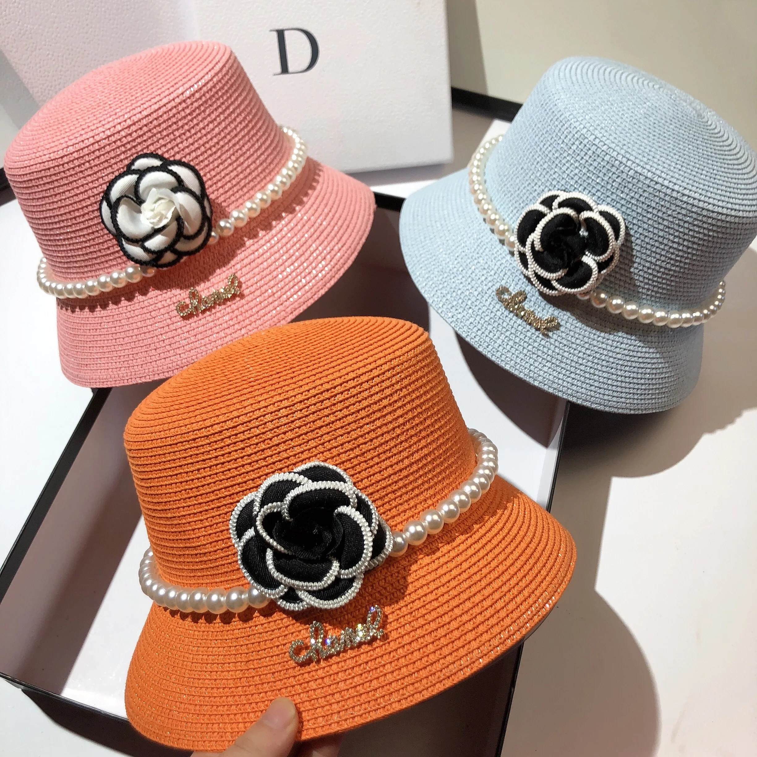 Summer pearl chain flower bucket basin hat outdoor outing sunscreen face mask straw fisherman hat female Korean version sun hat