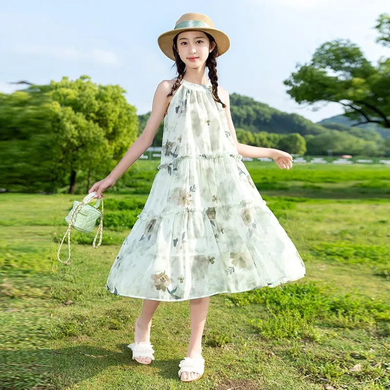 

2025 children's summer chiffon dress sleeveless pure cotton lining autumn princess dress spring castle party skirt