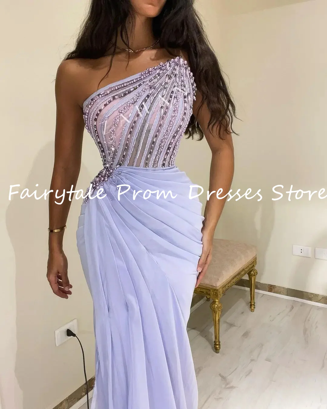 Fairytale Saudi Arabia Crystal Luxury Evening Dresses Lavender Beads Sexy Pearls Formal Women Prom Dress Trumpet Wedding Party