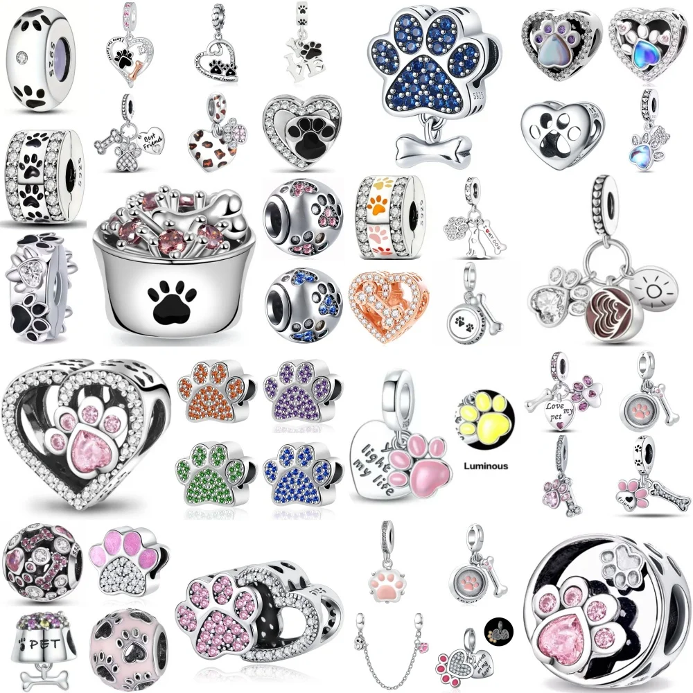 New 925 Silver,Heart-Shaped,Dog Paw,Bone Bead Pendant Clip Suitable For Original Bracelet DIY Accessories Exquisite Jewelry ﻿