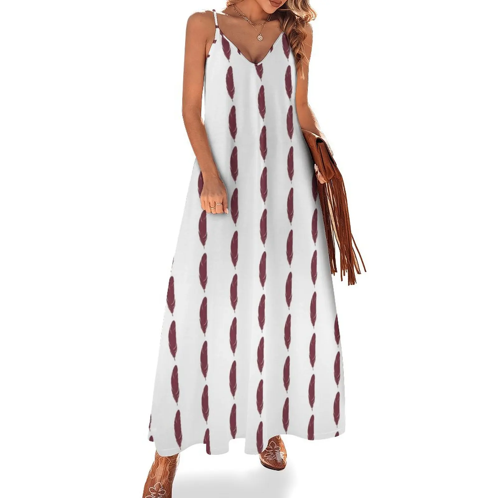 

Garnet and Gold Feather Pattern Sleeveless Long Dress dresses for womens 2025 Dresses gala Dress
