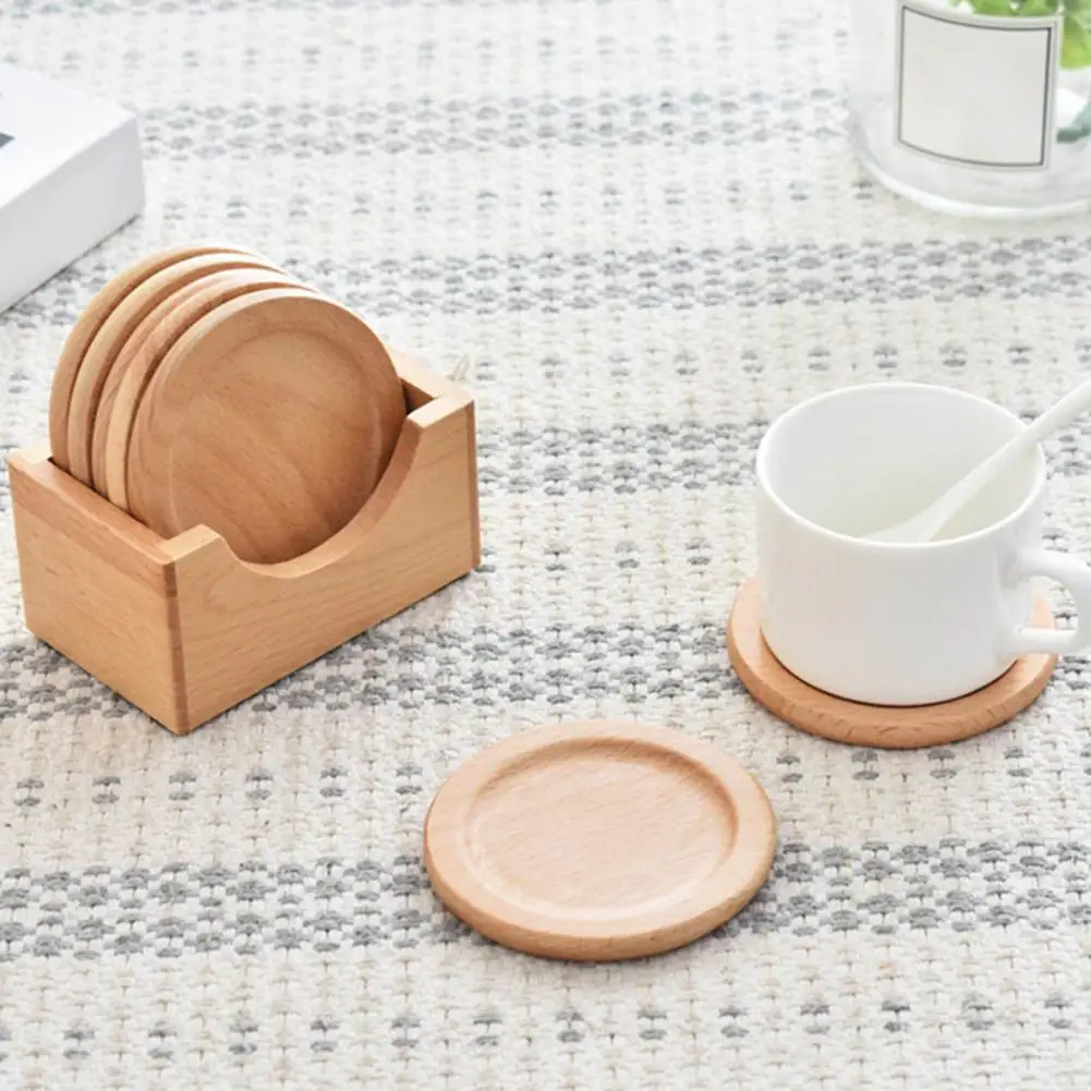 Solid Cup Holder 7pcs Wooden Coaster Set with Storage Box Japanese Style Natural Wood Drink Holders Heat-resistant for Kitchen